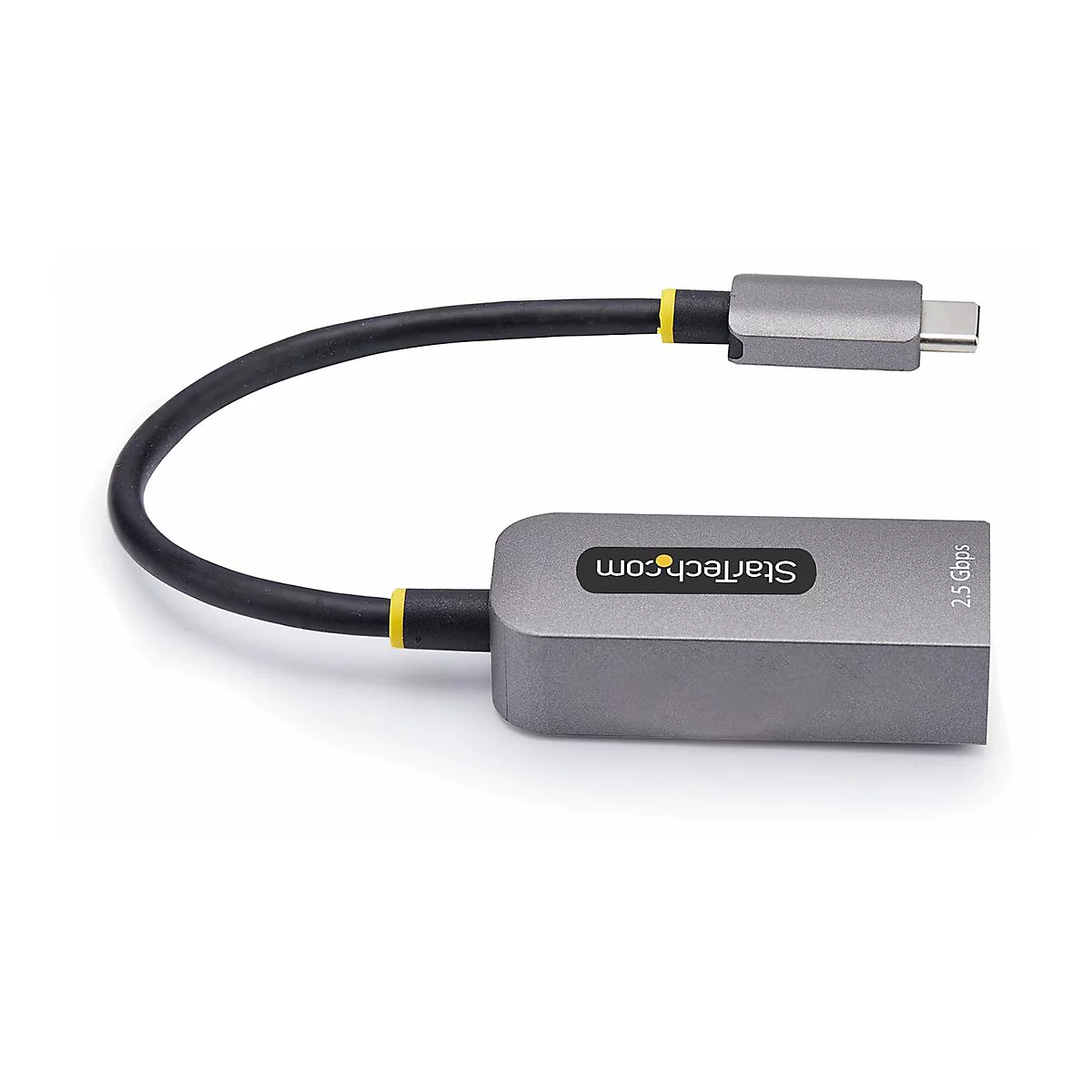 Adaptateur USB-C vers Ethernet gris avec câble noir et accents jaunes, sur fond blanc.