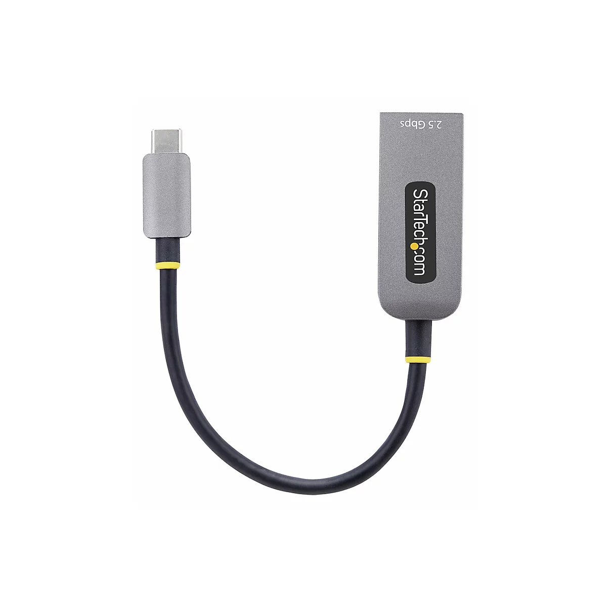 Un câble adaptateur USB-C gris de Startech ; avec câble noir et accent jaune.