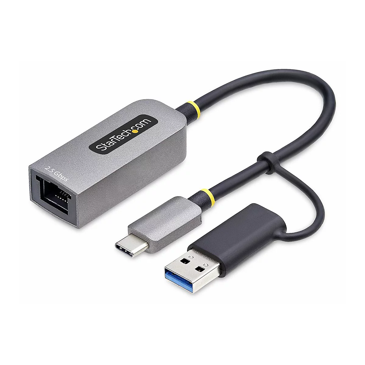 Un adaptateur USB-C vers Ethernet argenté. StarTech.com et 2,5 Gbps sont imprimés sur le boîtier. Câble noir avec des accents jaunes.
