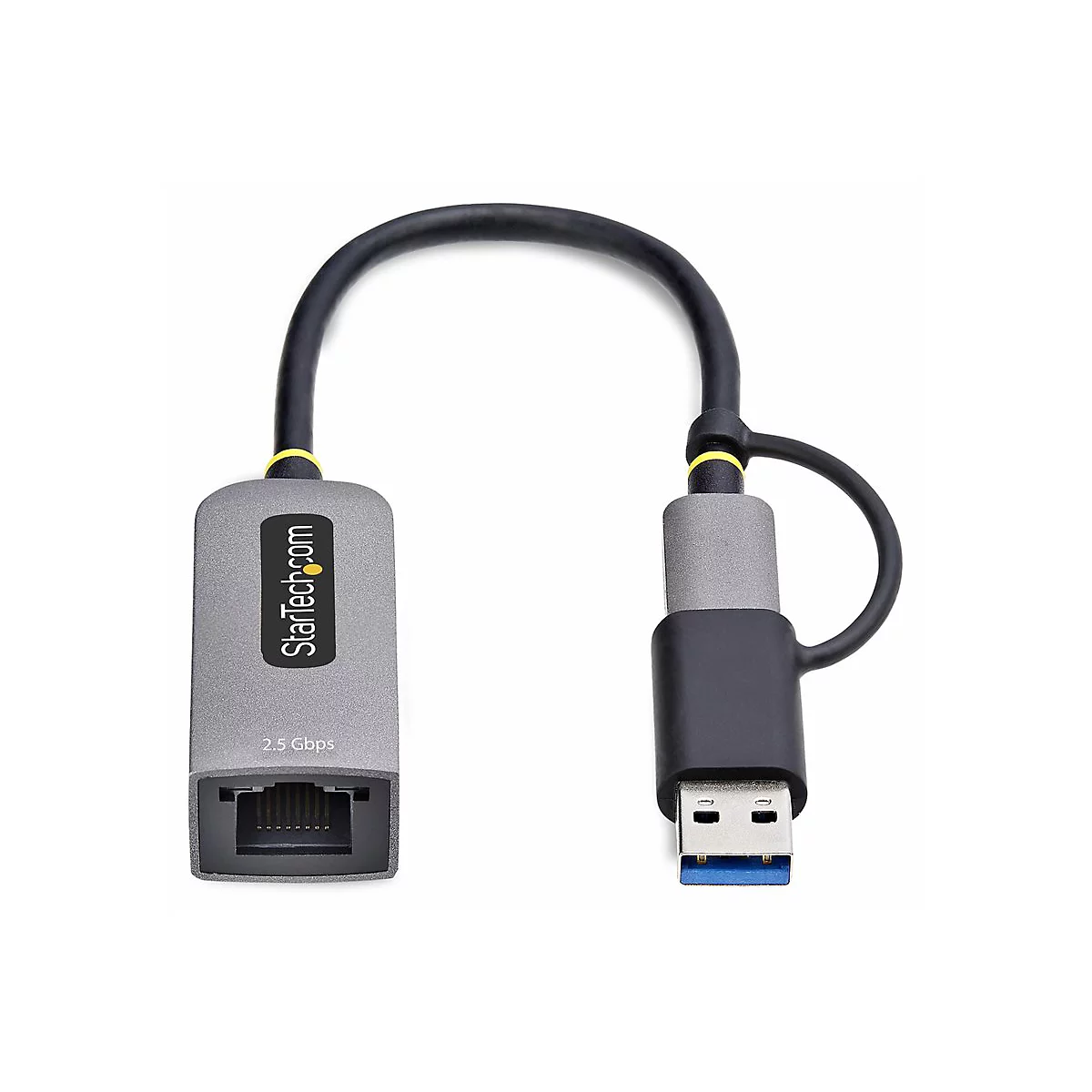 Un câble adaptateur USB vers Ethernet gris. StarTech.com et 2,5 Gbit/s sont inscrits sur l'adaptateur.