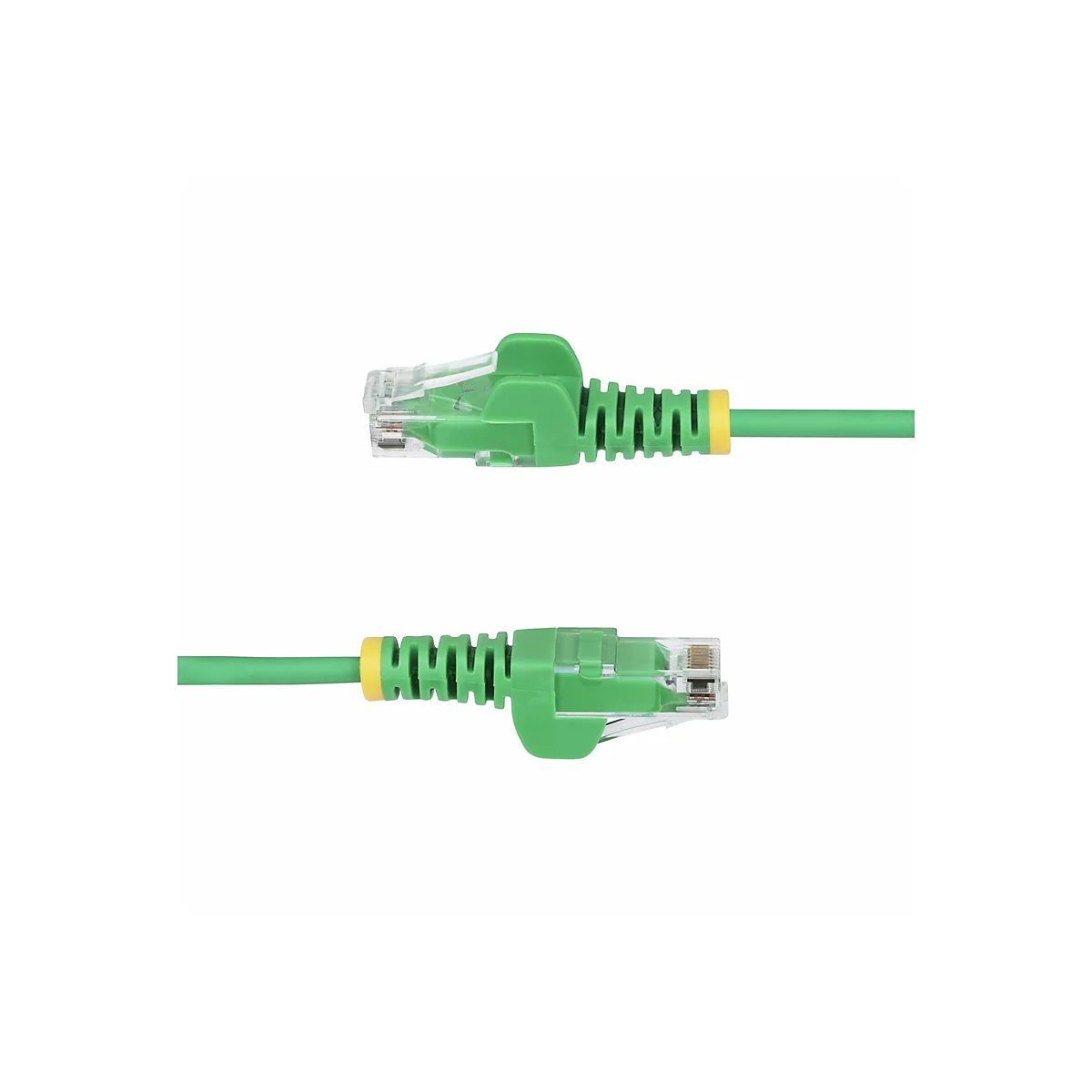 Zwei grüne Netzwerkkabel mit Steckern vor weißem Hintergrund. Die Stecker sind grün und gelb markiert.