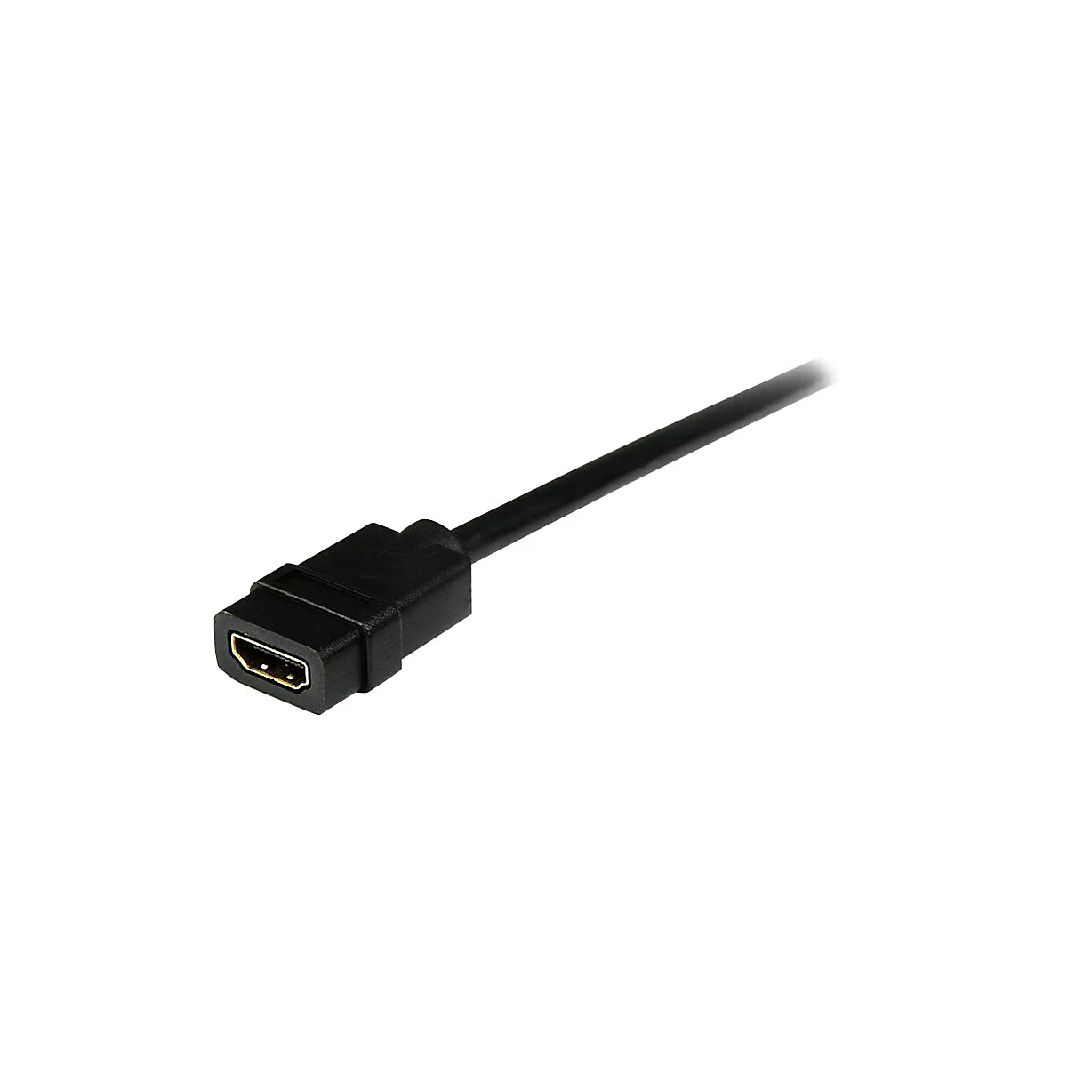 Nahaufnahme eines schwarzen HDMI-Kabels mit vergoldetem Anschluss.