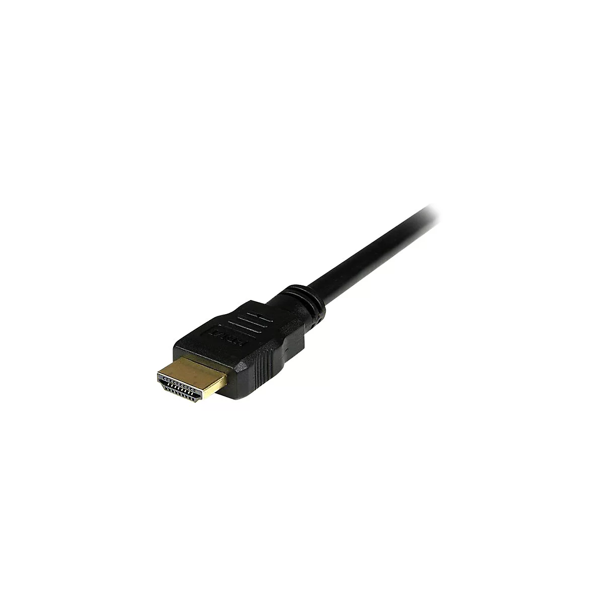 Ein schwarzes HDMI-Kabel mit vergoldetem Stecker. Das HDMI-Logo ist sichtbar.