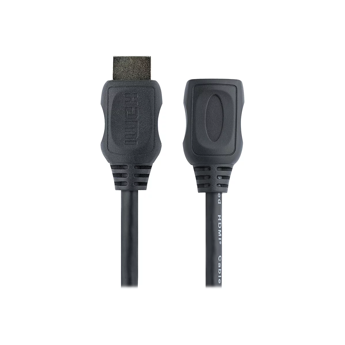 Zwei schwarze HDMI-Kabel mit Steckern; auf dem Kabel steht "HDMI® Cable".