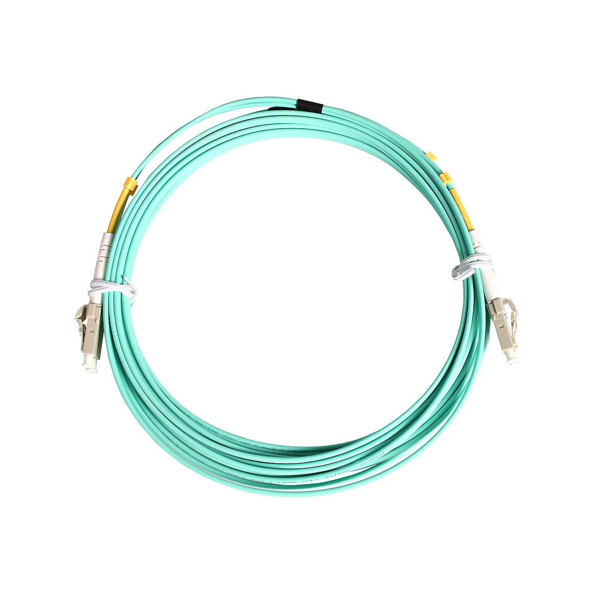 Ein helltürkisfarbenes Lichtwellenleiterkabel, das in einer kreisförmigen Form vor weißem Hintergrund angeordnet ist. An den Enden befinden sich gelbe und graue Anschlüsse.