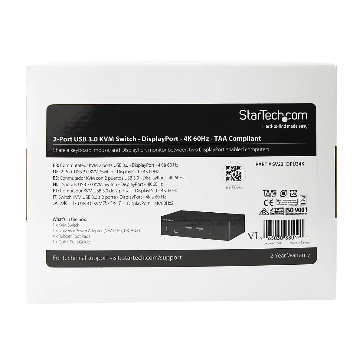StarTech.com 2 Port DisplayPort KVM Switch mit USB 3.0 - 4K 60Hz - DisplayPort 1.2 KVM - TAA konform - KVM-/Audio-/USB-Switch - 2 Anschlüsse - TAA-konform