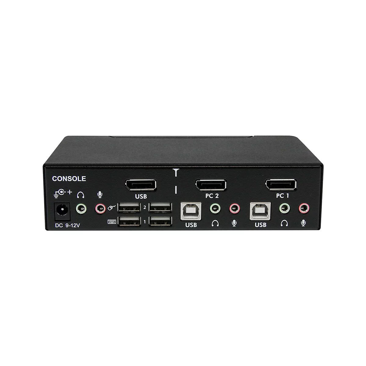 Schwarzer KVM-Switch mit AnschlÃ¼ssen fÃ¼r Konsole und PCs. Beschriftungen wie USB, Mikrofon und KopfhÃ¶rer sind zu sehen.