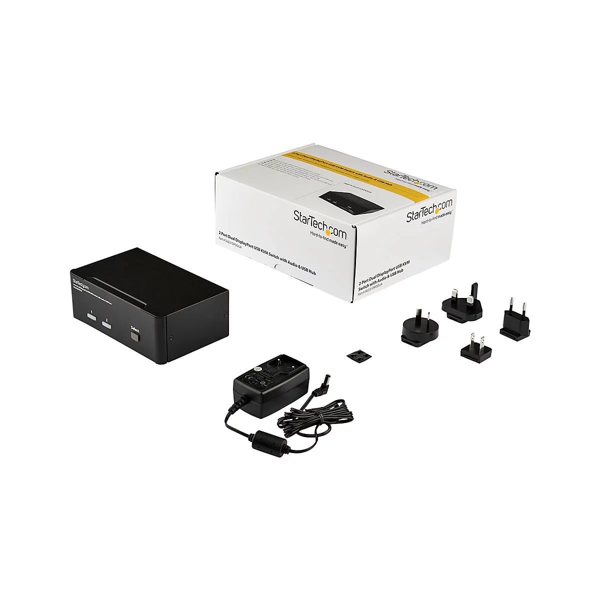 Schwarzer USB-Switch, Netzteil, verschiedene Adapter und die Produktverpackung von StarTech.com.