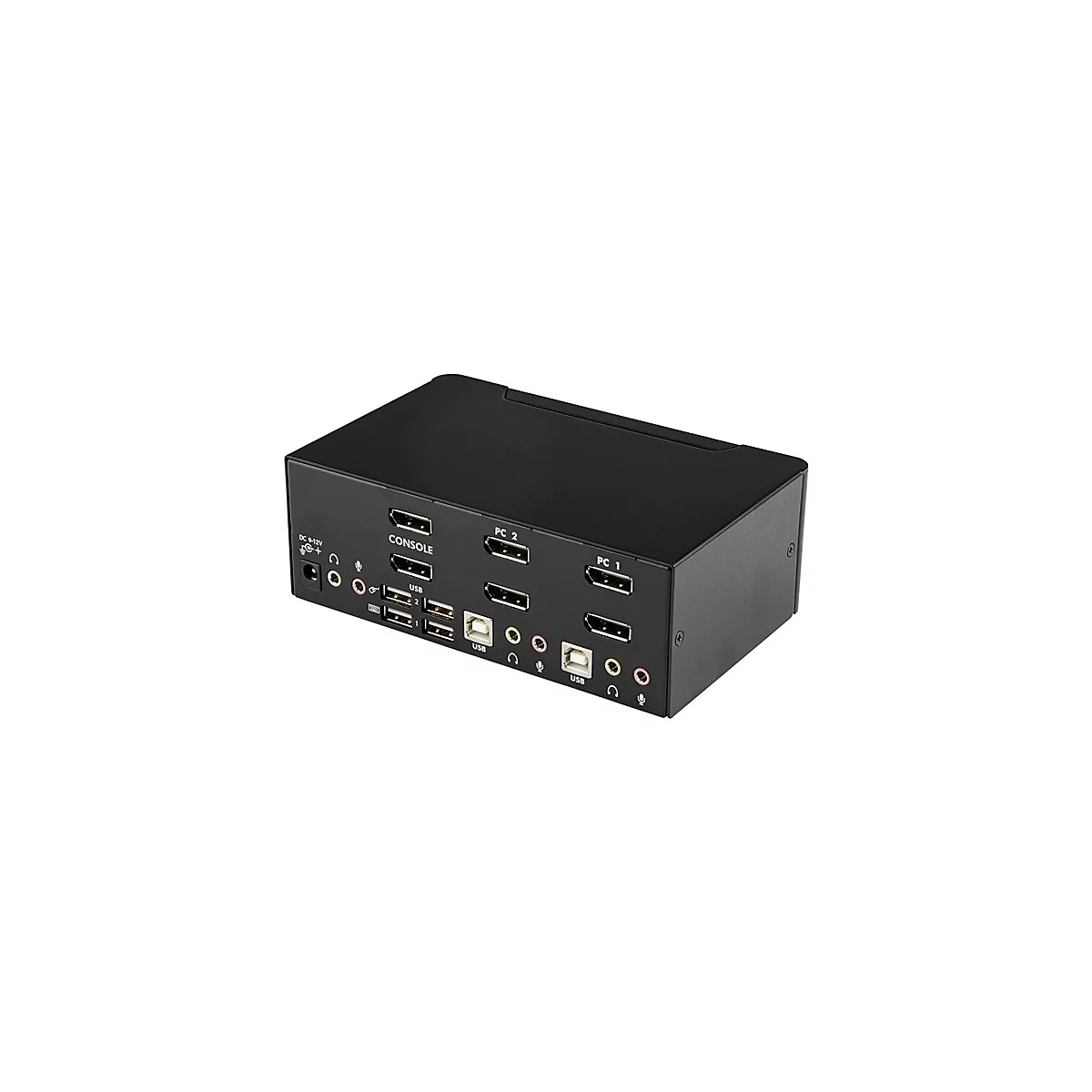 Schwarzer KVM-Switch mit zahlreichen AnschlÃ¼ssen wie HDMI, USB und AudioeingÃ¤ngen. Beschriftung: Console, PC1, PC2.