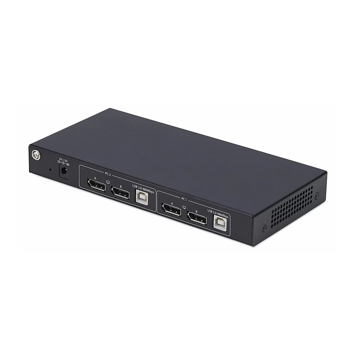 Schwarzer HDMI-Switch mit mehreren Anschlüssen, beschriftet mit PC1, PC2 und USB 2.0.