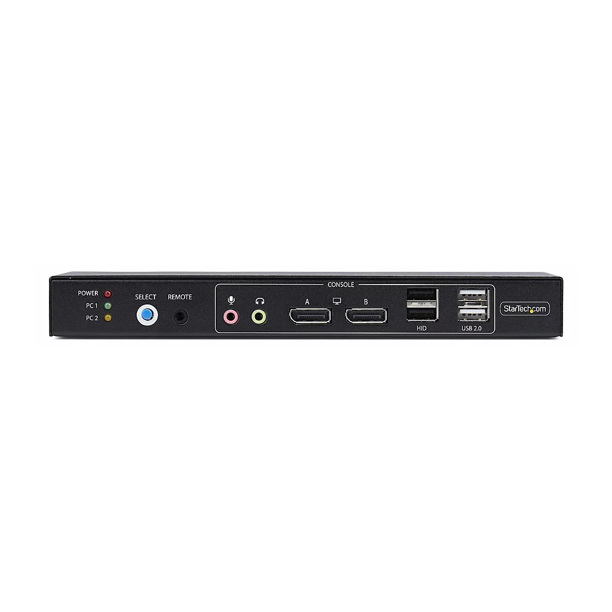 Schwarzer KVM-Switch mit Anschlüssen für Strom, PC1/2, Auswahl, Remote, Mikrofon/Kopfhörer, HDMI und USB. Mit StarTech.com Logo.