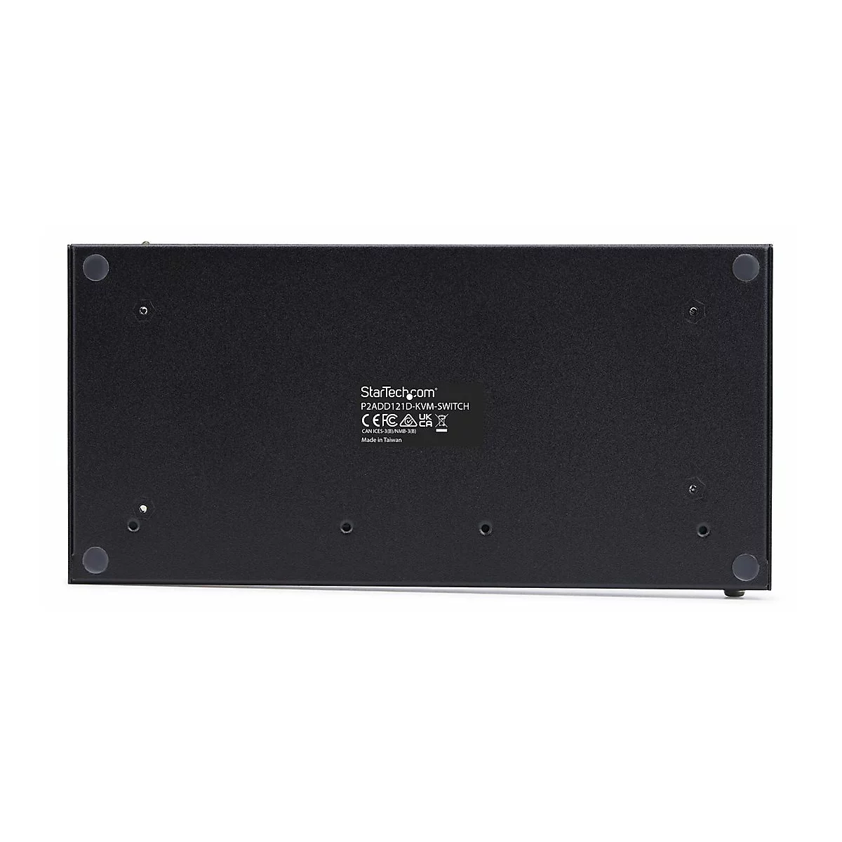Schwarzer KVM-Switch mit Gummi-Füßen. Aufschrift StarTech.com und Produktbezeichnung.