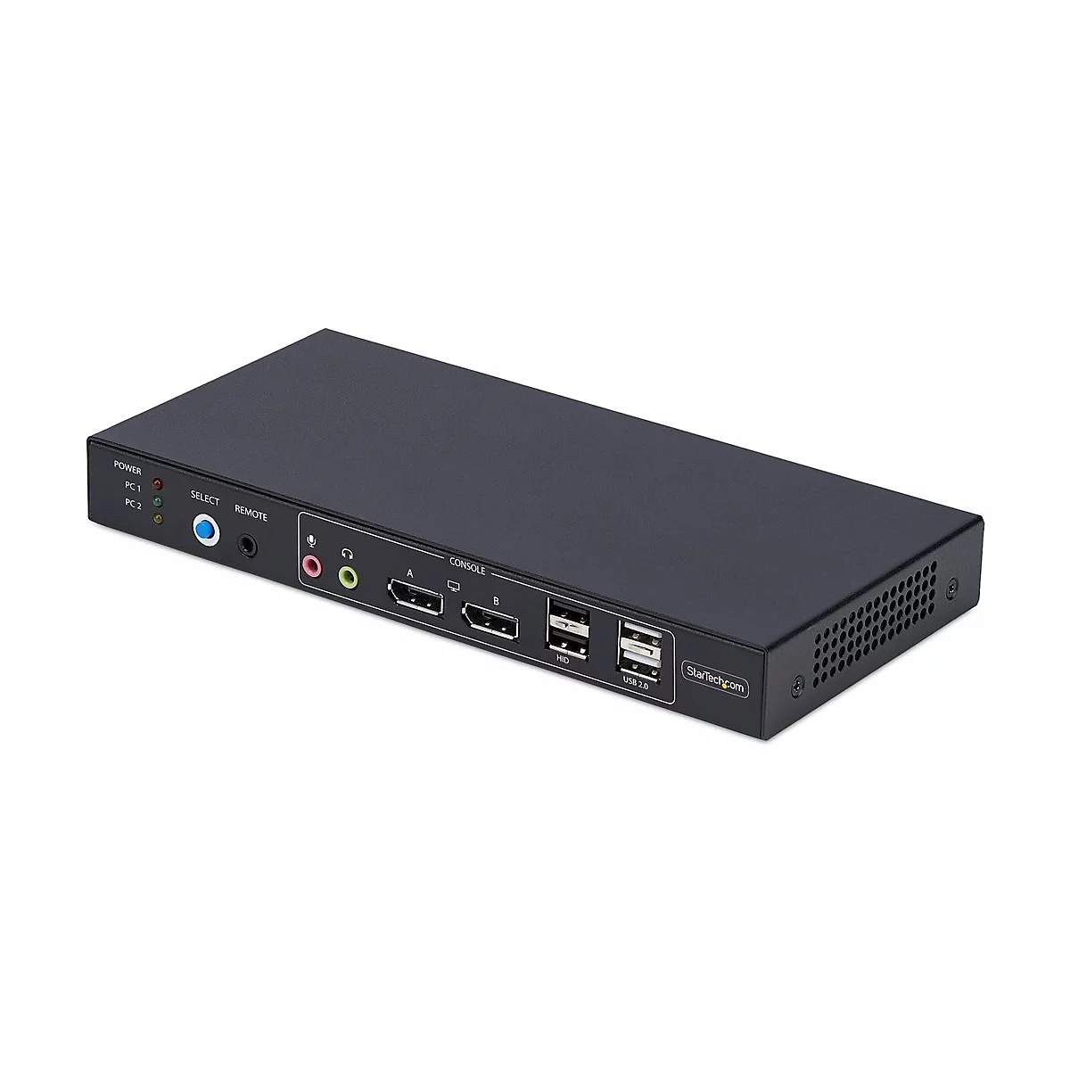 Schwarzer KVM-Switch von StarTech.com mit Anschlüssen für HDMI, USB, Audio und Remote.