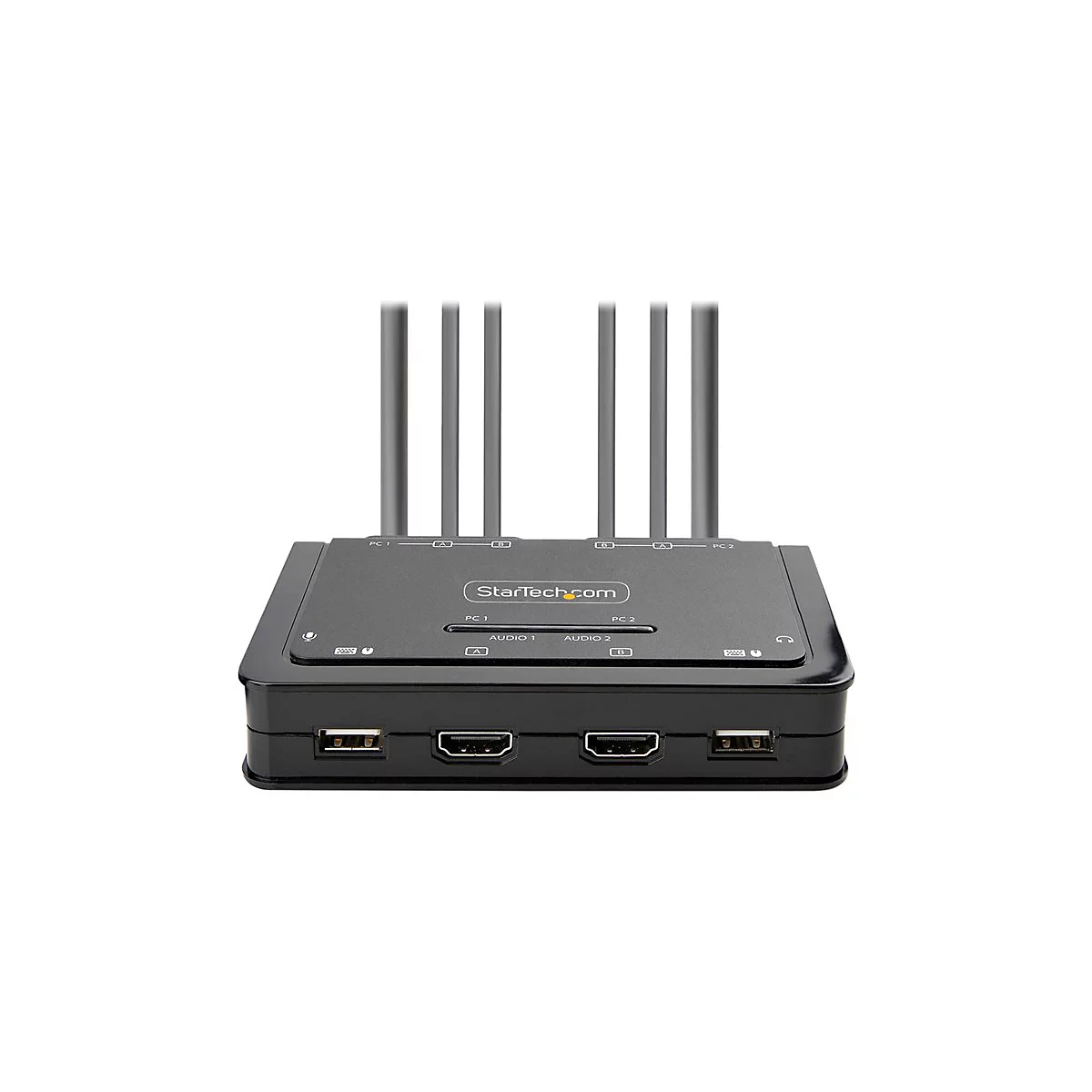 Schwarzer HDMI-Switch mit Antennen und AnschlÃ¼ssen, StarTech.com-Logo. Oben: Antennen, PC-AnschlÃ¼sse, Audio-AnschlÃ¼sse, USB-AnschlÃ¼sse.