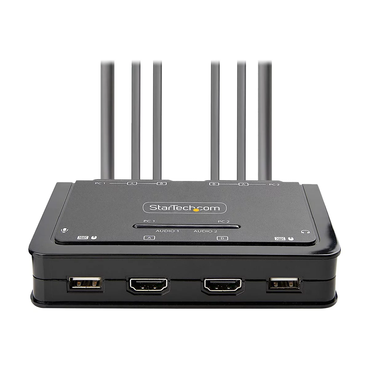 StarTech.com 2-Port Dual-Monitor HDMI Cable KVM Switch, 4K 60Hz, Compact KVM with 5ft/1.5m USB-A/HDMI/Audio Integrated Cables, Bus Powered - Remote Push Button/Hotkey Switching (C2-DH46-UA2-CBL-KVM) - KVM-/Audio-/USB-Switch - kompakt - 2 x KVM/Aud...