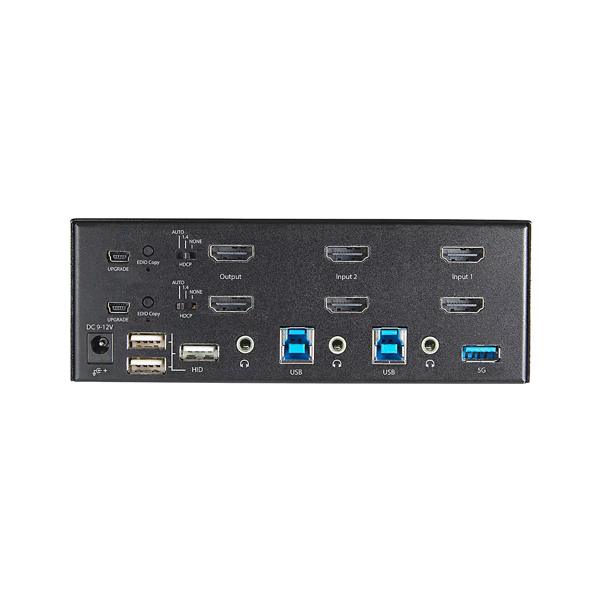 Schwarzer HDMI-Switch mit verschiedenen AnschlÃ¼ssen: HDMI-EingÃ¤nge, AusgÃ¤nge, USB-Ports, Audio-AnschlÃ¼sse und Stromanschluss.