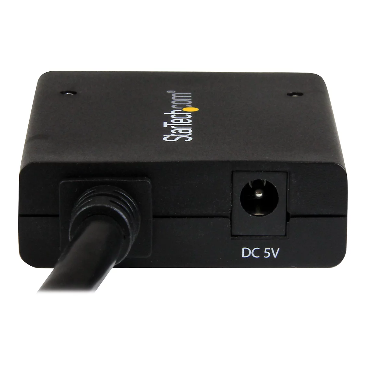 Ein schwarzes elektronisches Gerät mit einem Stromkabel. Es hat den Schriftzug "Startech.com" und die Aufschrift "DC 5V".