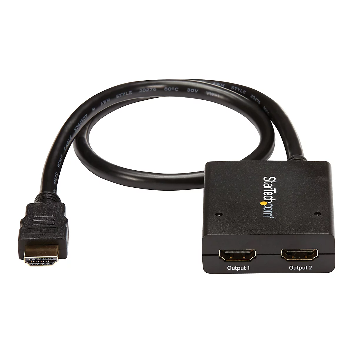 Ein schwarzer HDMI-Splitter mit zwei Ausgängen und einem Eingangskabel. Auf dem Gerät steht "StarTech.com".