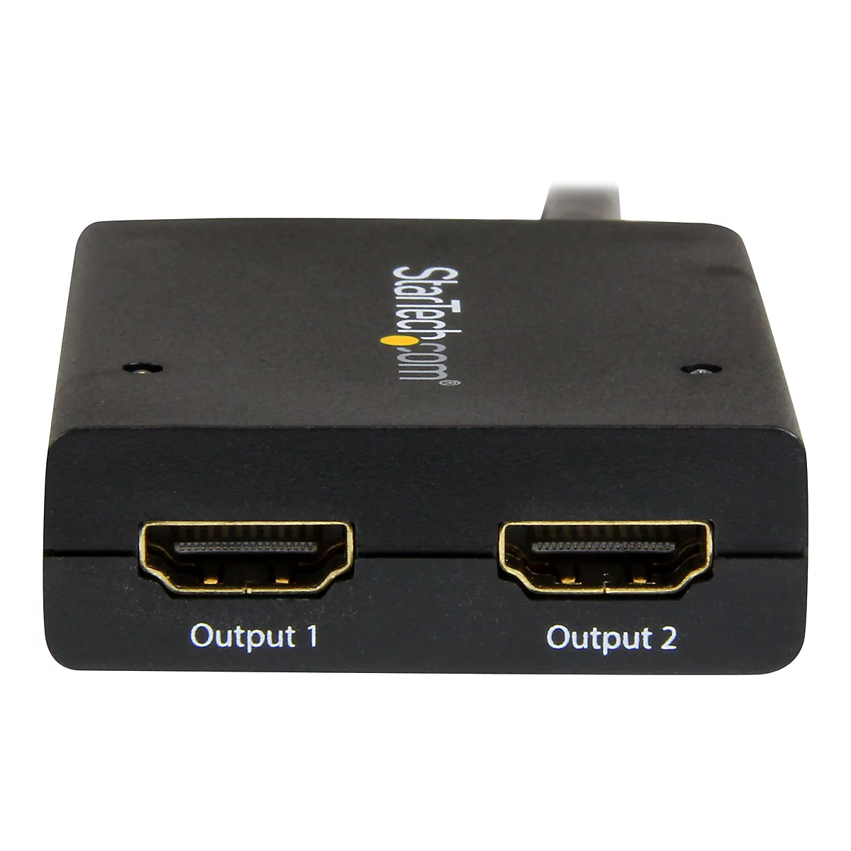 Schwarzer HDMI-Splitter mit zwei Ausgängen und Startech.com-Logo.