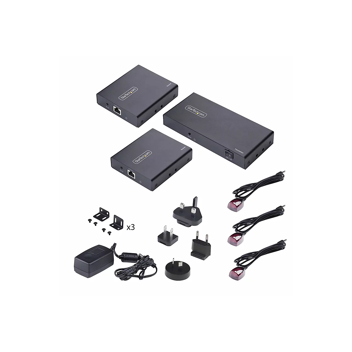 Plusieurs appareils réseau noirs et accessoires sur fond blanc. Appareils avec logo StarTech.com, alimentations, supports et récepteurs infrarouges.