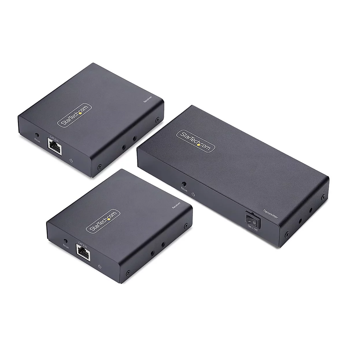 Trois récepteurs et émetteur StarTech.com noirs. L'un a un interrupteur marche/arrêt, un autre a un bouton de réinitialisation.