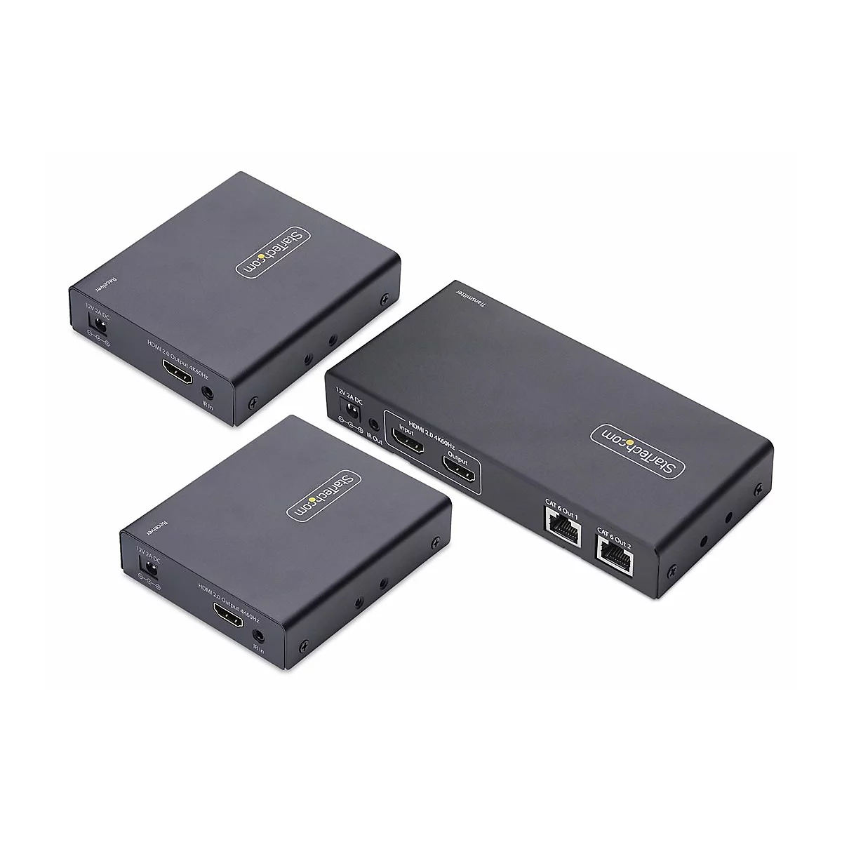 Trois appareils d'extension HDMI noirs, étiquetés avec StarTech.com et des connexions comme "12V 2A DC" et "HDMI 2.0 Output".
