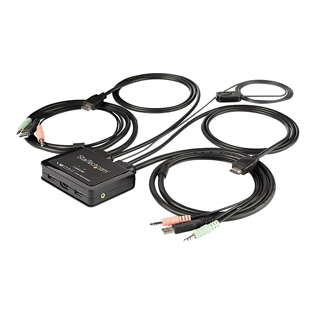 StarTech.com 2 Port HDMI KVM Switch, 4K 60Hz, Compact Dual Port UHD/Ultra HD USB Desktop KVM Switch with Integrated 4ft Cables & Audio, Bus Powered & Remote Switching, MacBook ThinkPad - 4K KVM Switch w/ Audio (SV211HDUA4K) - commutateur écran-cla...