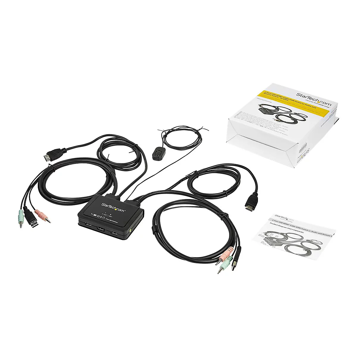 StarTech.com 2 Port HDMI KVM Switch, 4K 60Hz, Compact Dual Port UHD/Ultra HD USB Desktop KVM Switch with Integrated 4ft Cables & Audio, Bus Powered & Remote Switching, MacBook ThinkPad - 4K KVM Switch w/ Audio (SV211HDUA4K) - KVM-/Audio-Switch - 2...