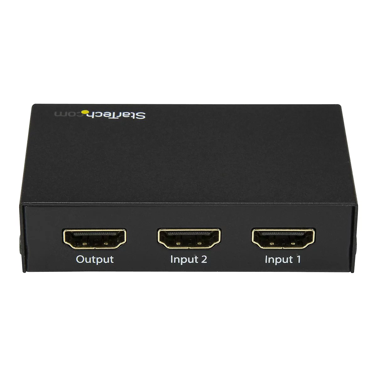 Schwarzer HDMI-Switch mit drei Anschlüssen, beschriftet mit Output, Input 2 und Input 1. Startech.com Logo.