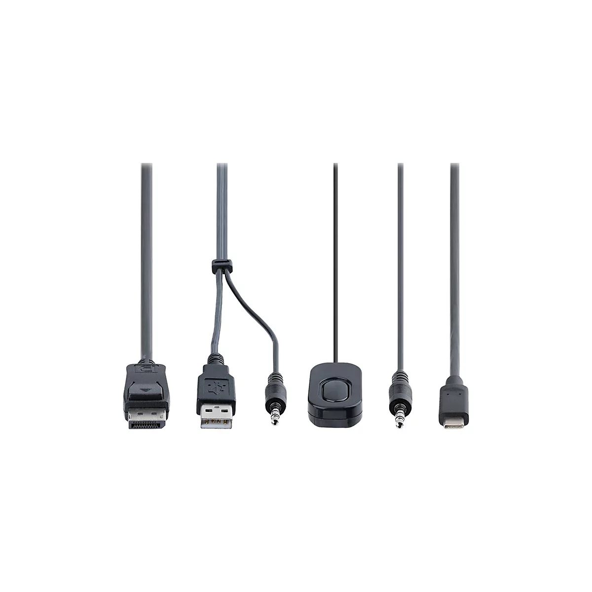 Verschiedene Kabel, darunter USB- und Klinkenkabel, liegen vor weiÃŸem Hintergrund.