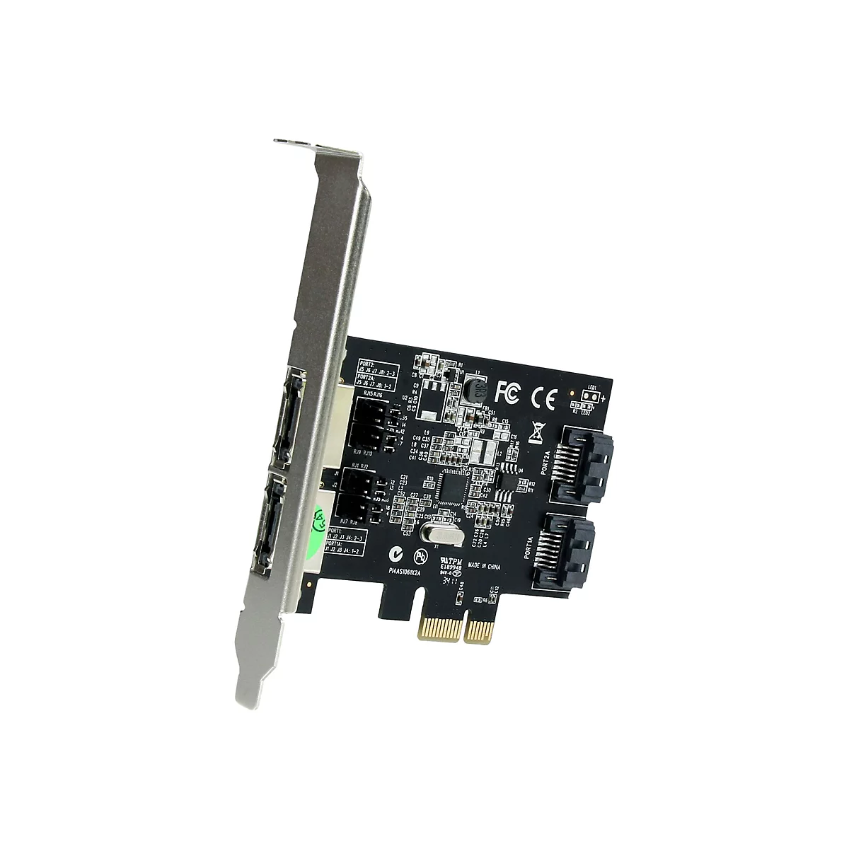 Eine schwarze SATA-Controller-Karte mit silberner Metallhalterung. Auf der Karte befinden sich Anschlüsse, Chips und Aufschriften.