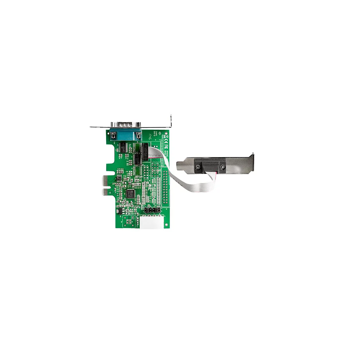 Eine grüne PC-Karte mit Anschlüssen, verbunden mit einem weiteren grauen Anschluss über ein Flachbandkabel.