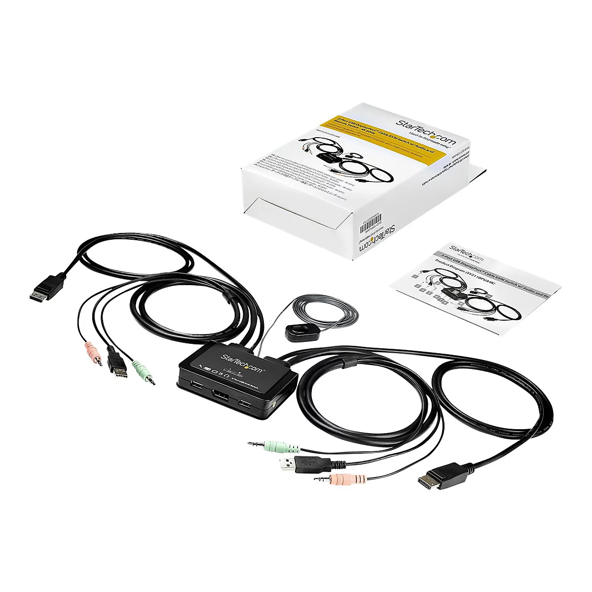StarTech.com 2-Port USB DisplayPort KVM Switch - 4K 60 Hz - UHD DP 1.2 USB-KVM Umschalter mit 1,2 m Kabel & Audio - Bus-powered & remote switching - OS unabhängig - MacBook ThinkPad (SV211DPUA4K) - KVM-/Audio-Switch - 2 Anschlüsse