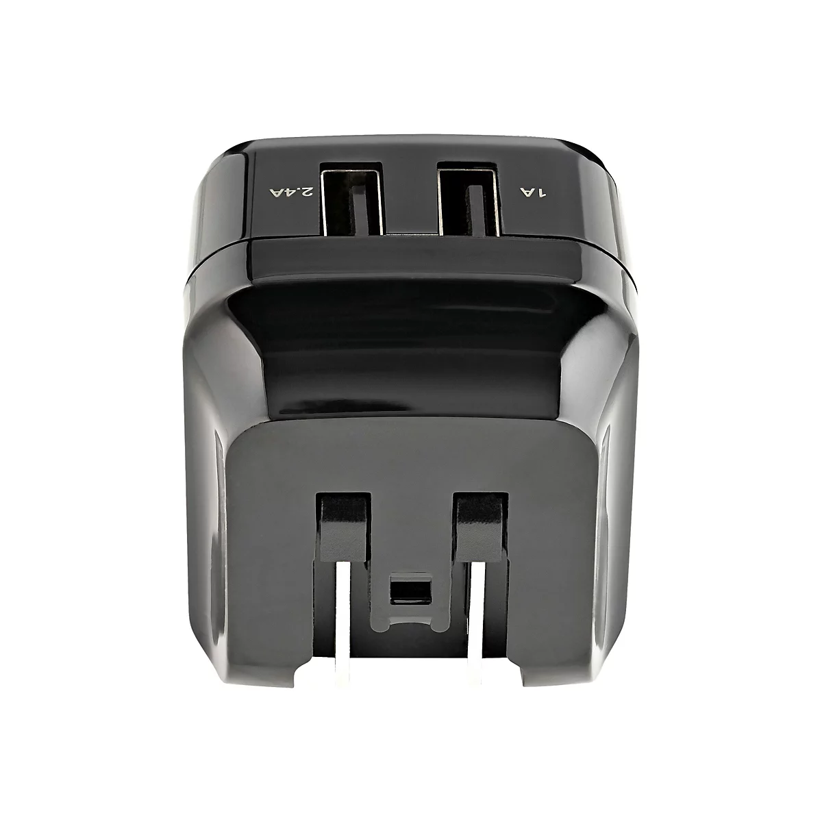 Schwarzer USB-Reiseadapter mit zwei USB-Anschlüssen. Oben stehen 2.4A und 1A.
