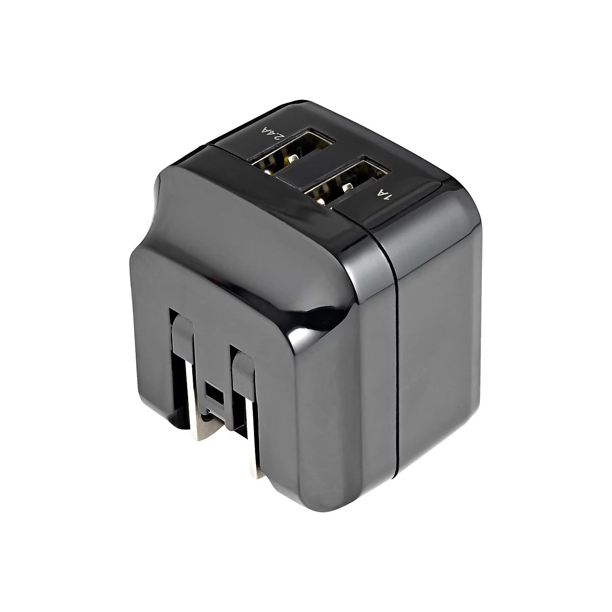 Schwarzer Universal-Reiseadapter mit zwei USB-Anschlüssen (2,4A und 1A) und mehreren Steckdosen-Adaptern.
