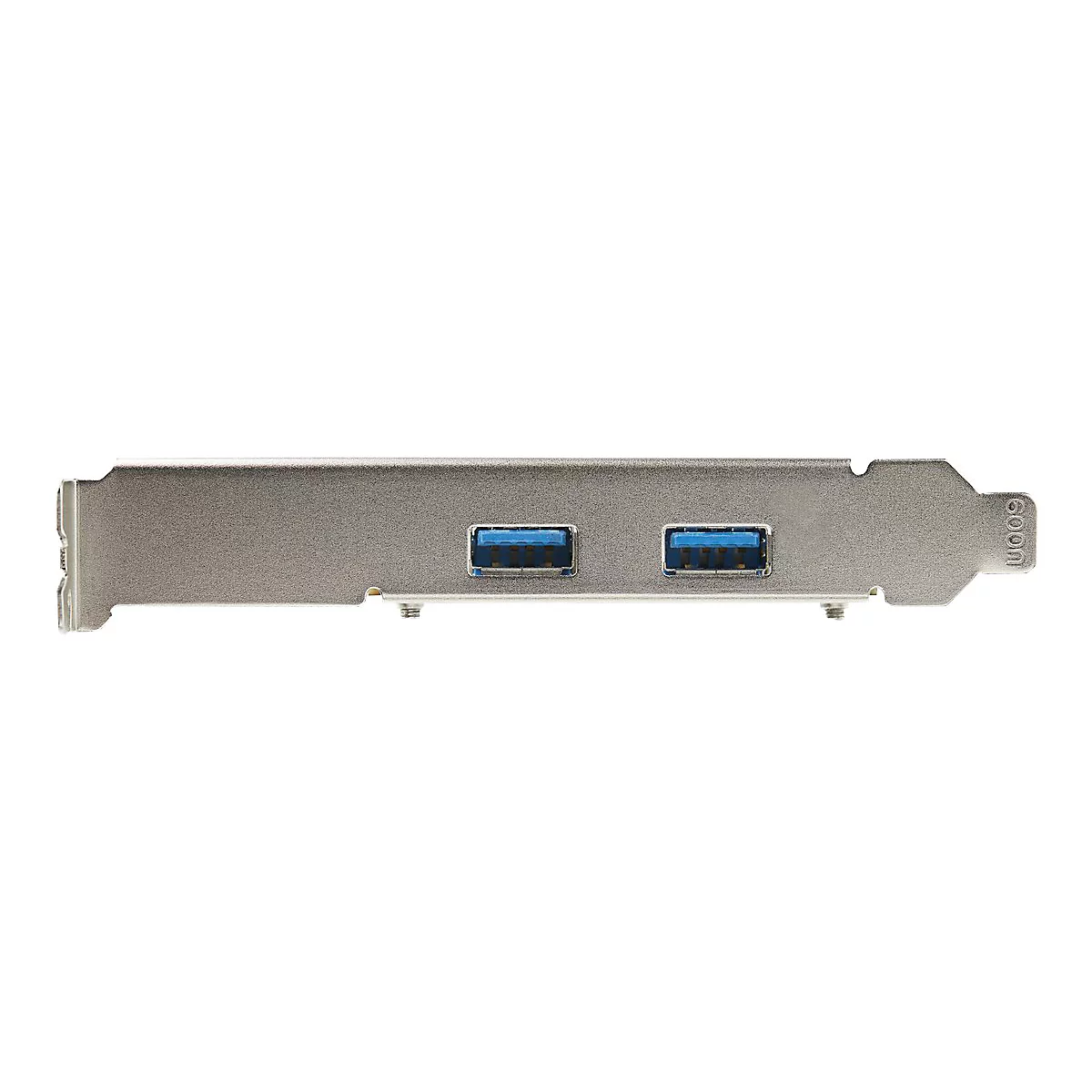 Silberne USB 3.0-Karte mit zwei blauen Anschlüssen, vor weißem Hintergrund.