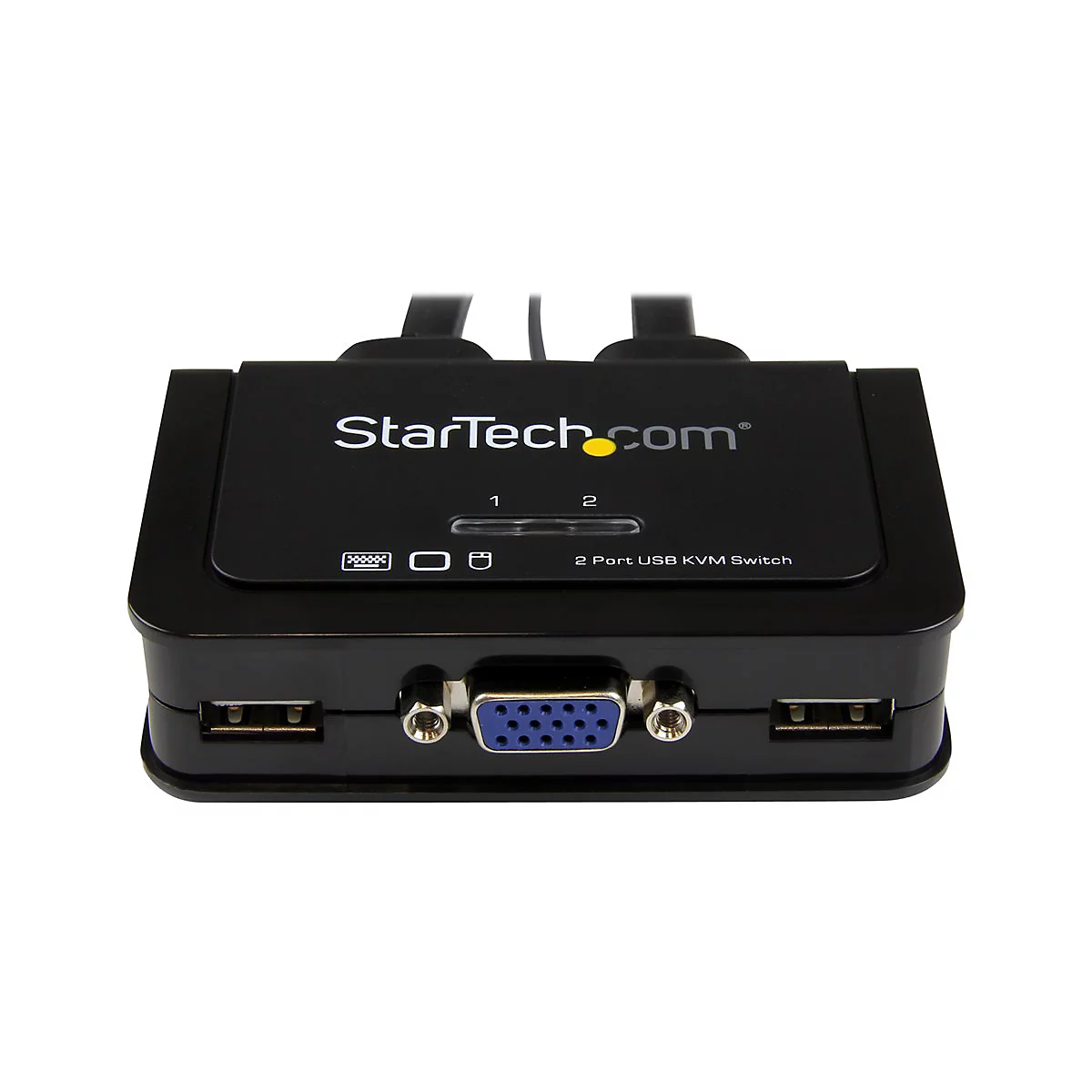Schwarzer KVM-Switch von StarTech.com mit AnschlÃ¼ssen fÃ¼r USB und VGA.