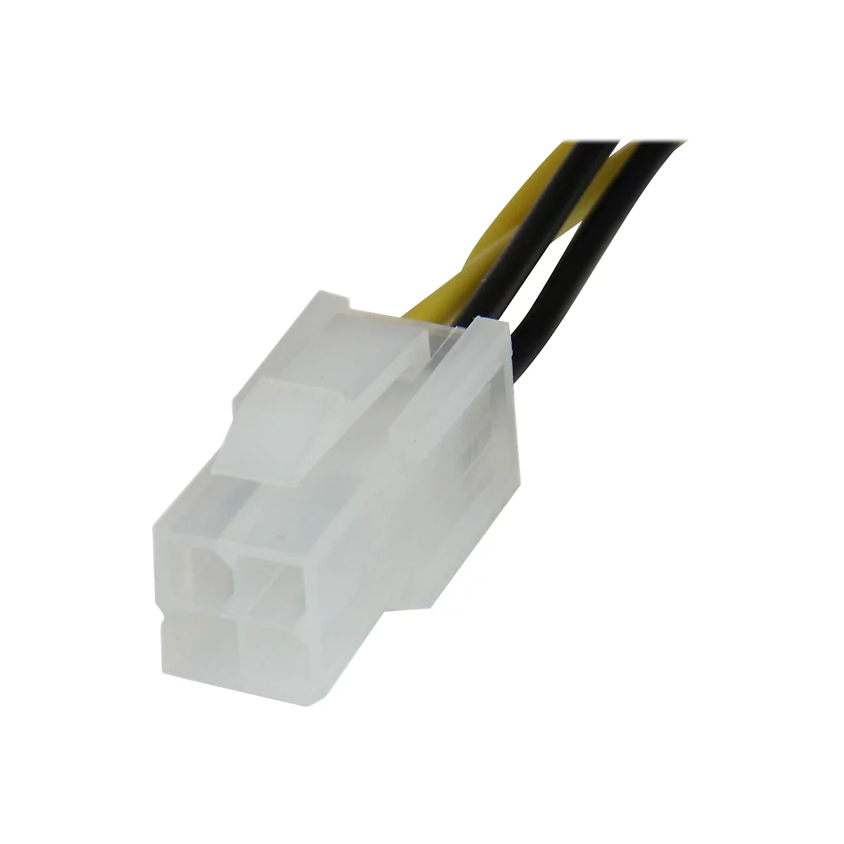 Nahaufnahme eines weißen, rechteckigen Steckers mit drei farbigen Kabeln, gelb, schwarz.