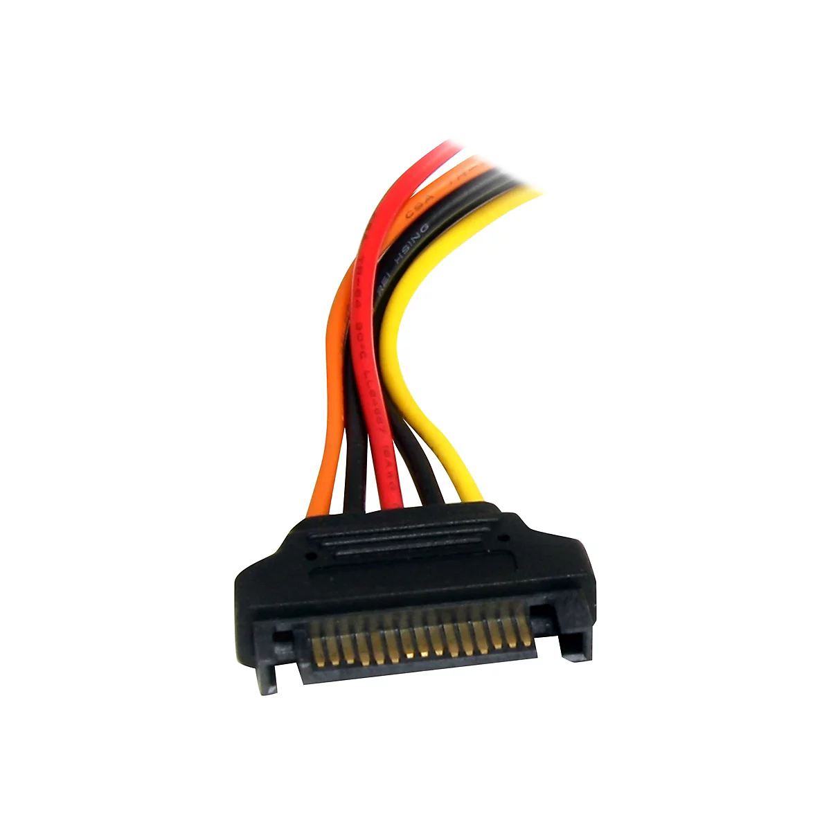 Nahaufnahme eines SATA-Stromkabels mit gelben, roten, schwarzen und orangefarbenen Kabeln und einem schwarzen Stecker mit goldenen Pins.