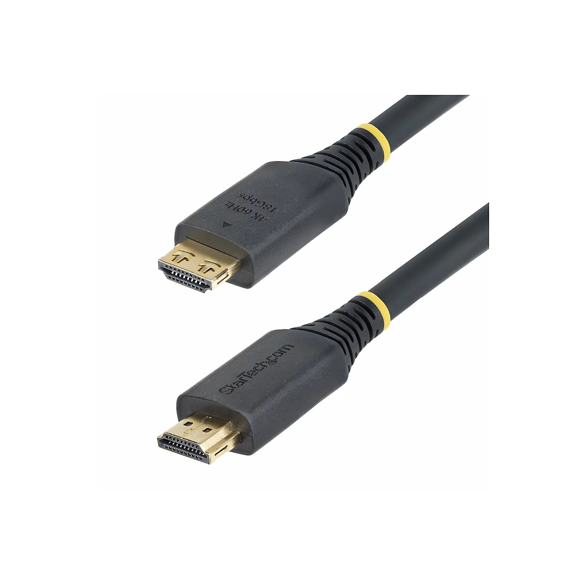 Gros plan de deux câbles HDMI sur fond blanc. Câbles noirs avec connecteurs dorés. Les câbles portent la mention "StarTech.com".