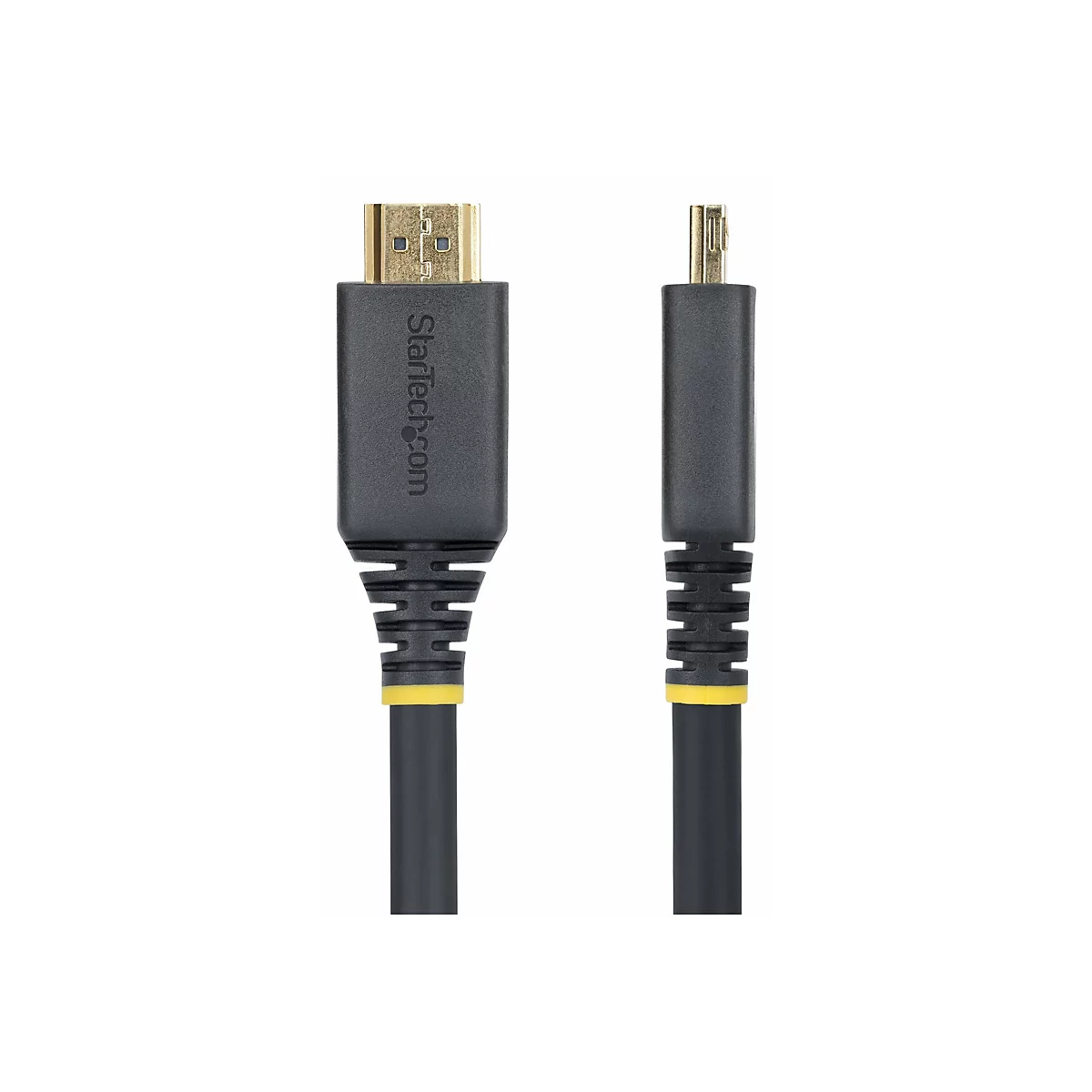 Un câble HDMI noir avec des connecteurs dorés. "StarTech.com" est écrit sur un connecteur.