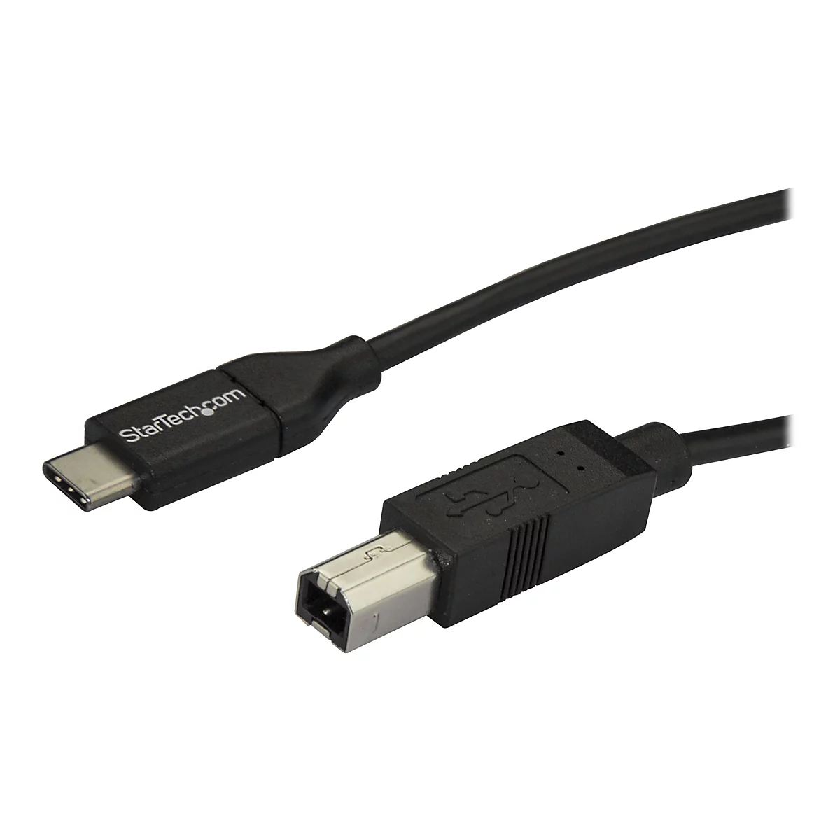 Schwarzes USB-C-auf-USB-B-Kabel, StarTech.com Logo. USB-C- und USB-B-Anschlüsse sind zu sehen.
