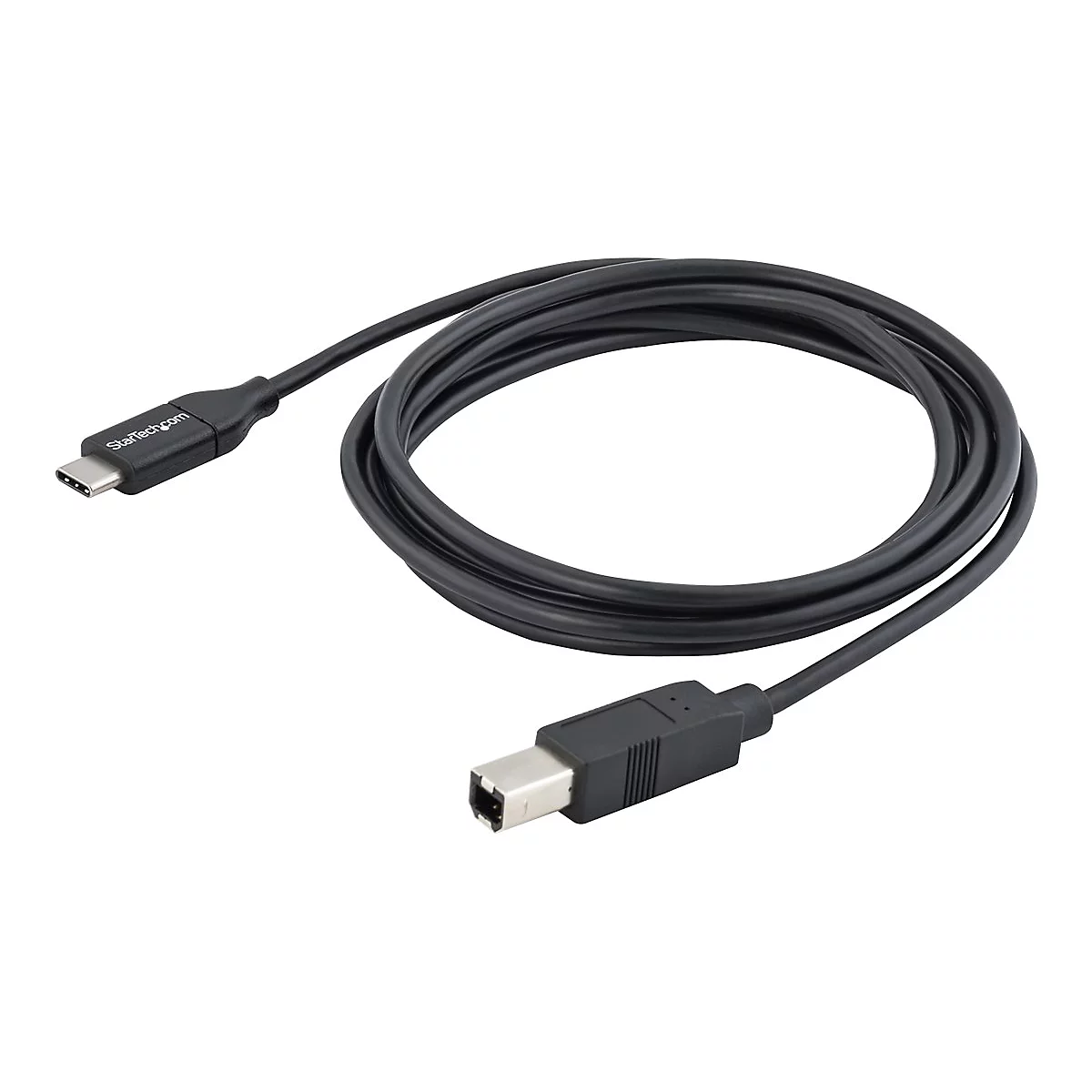 Schwarzes USB-C-auf-FireWire-Kabel. Auf dem Stecker steht Startech.com.