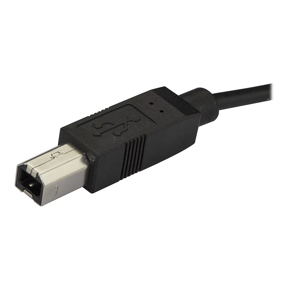 Nahaufnahme eines schwarzen USB-Kabels, Stecker mit silbernem Anschluss.