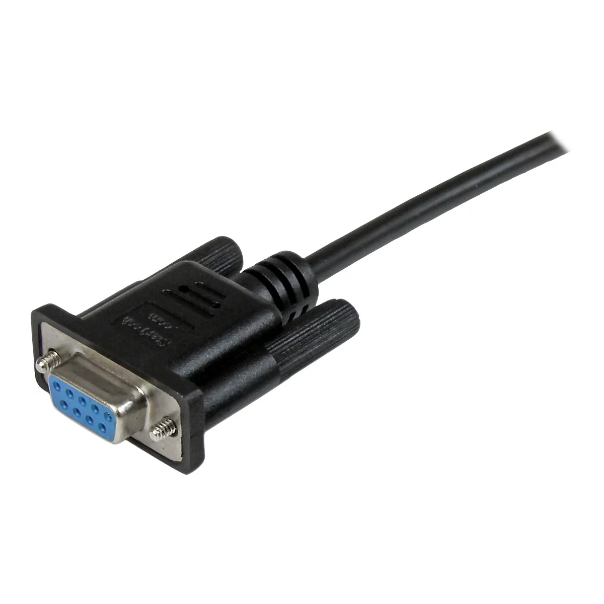 Ein schwarzes DB9-Kabel mit blauen Pins vor weißem Hintergrund.