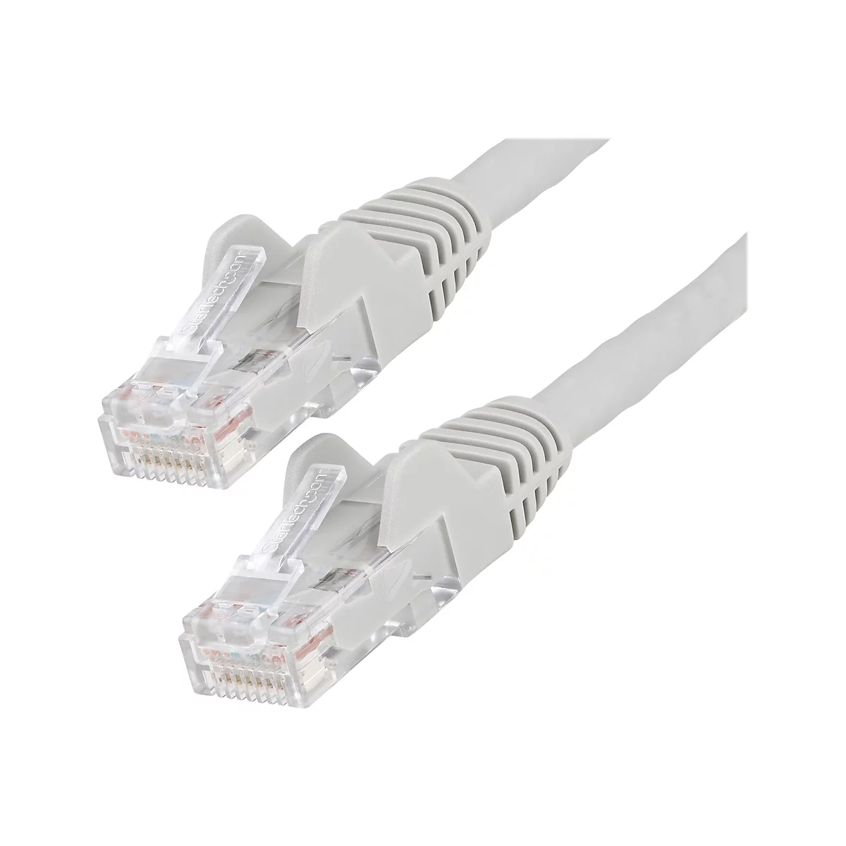 Zwei graue Ethernet-Kabel mit transparenten Steckern, vor weißem Hintergrund.