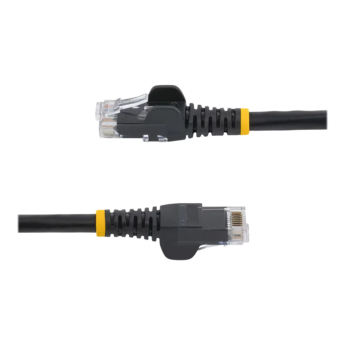 Zwei schwarze Netzwerkkabel mit RJ45-Steckern auf weißem Hintergrund.