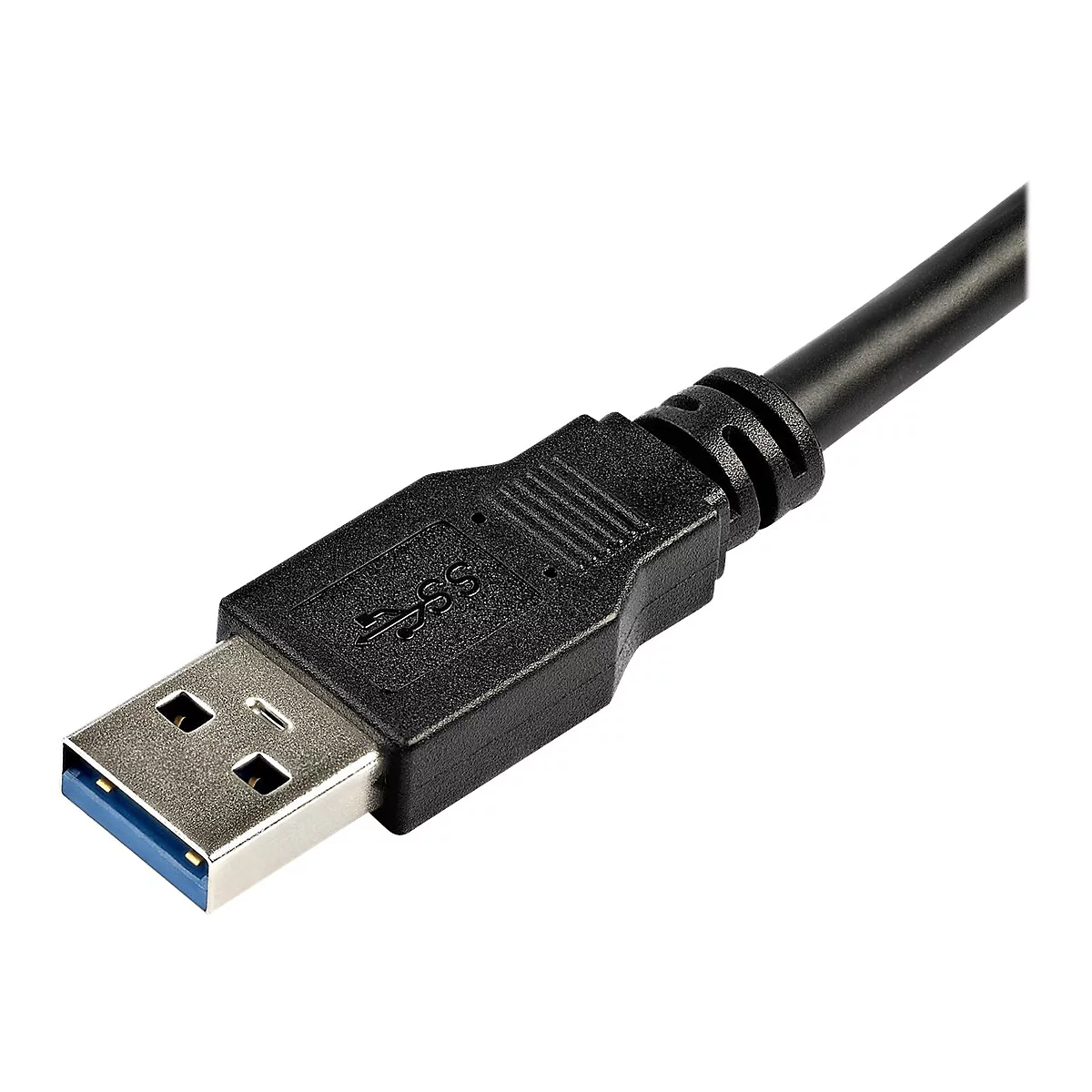 Nahaufnahme eines schwarzen USB 3.0 Kabels. Der Stecker zeigt die Symbole für USB und SuperSpeed. Die Innenseite ist blau.