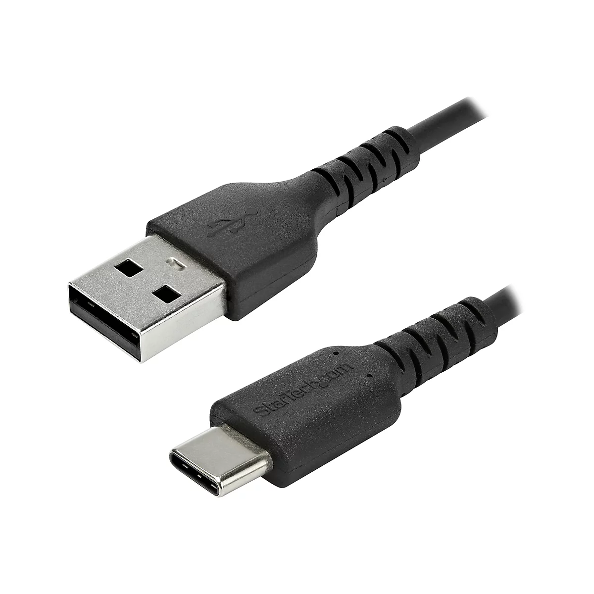 Schwarzes USB-Kabel mit USB-A- und USB-C-Steckern. Auf dem USB-C-Stecker ist StarTech.com aufgedruckt.