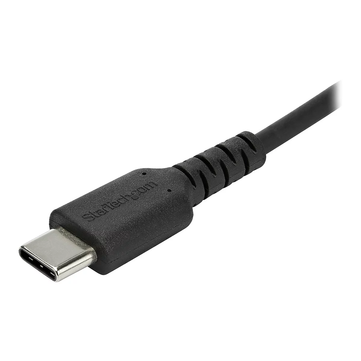 Nahaufnahme eines schwarzen USB-C-Kabels mit dem Schriftzug "Startech.com".